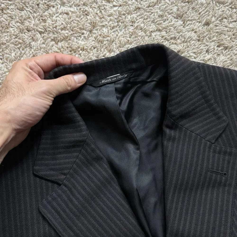 Vintage Canali Made In Italy Thick Wool Black Striped Long Suit Jacket Size 54L
